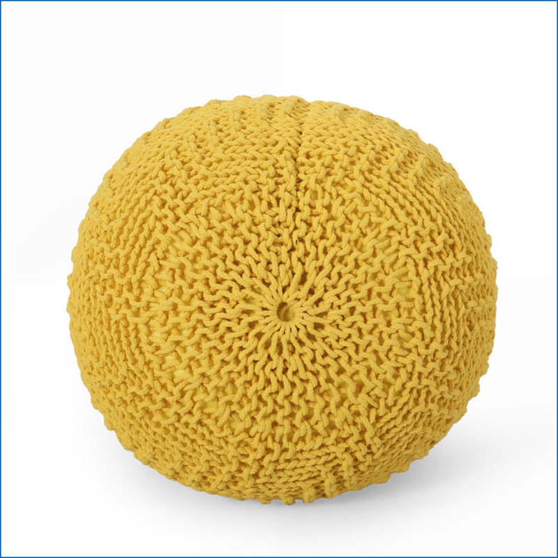 Ottoman, Round Knitted Cotton Pouf for Living Room/Floor | Lemon Yellow | Cotton, Yellow