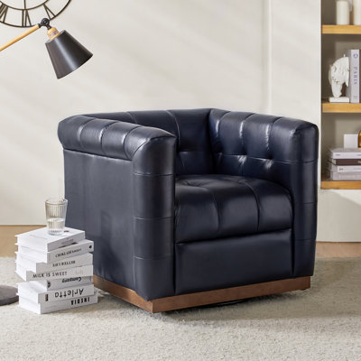 Fauteuil club pivotant carré en cuir véritable Sonika avec cadre en bois massif