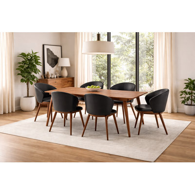7-Piece Contemporary Extendable Dining Set With Walnut Table And 6 Black Dining Chairs