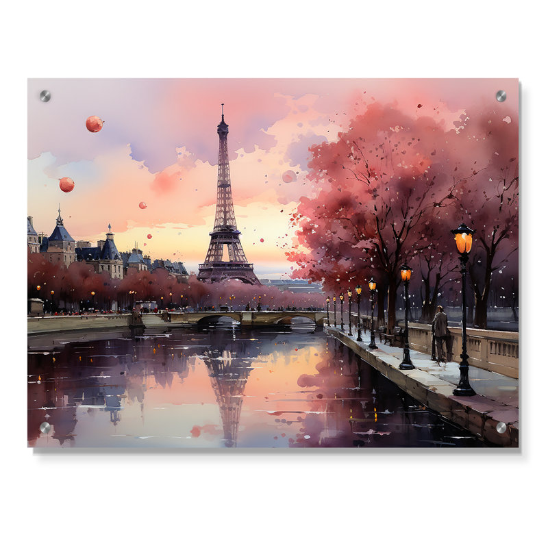 «Rose Twilight Rendezvous In Paris II» - Art mural acrylique, parcs d'attractions, H 12 po x l 20 po