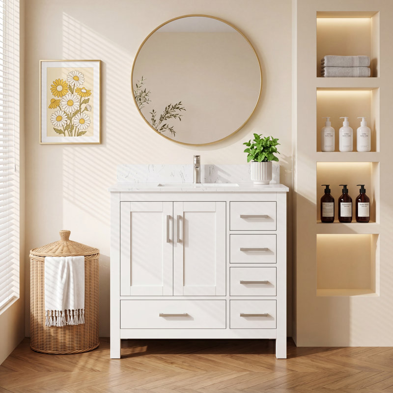 Ensemble de meuble-lavabo simple autoportant de 36 po avec armoire en bois, comptoir en céramique, 2 portes et 6 tiroirs et trou pour lavabo et robinet