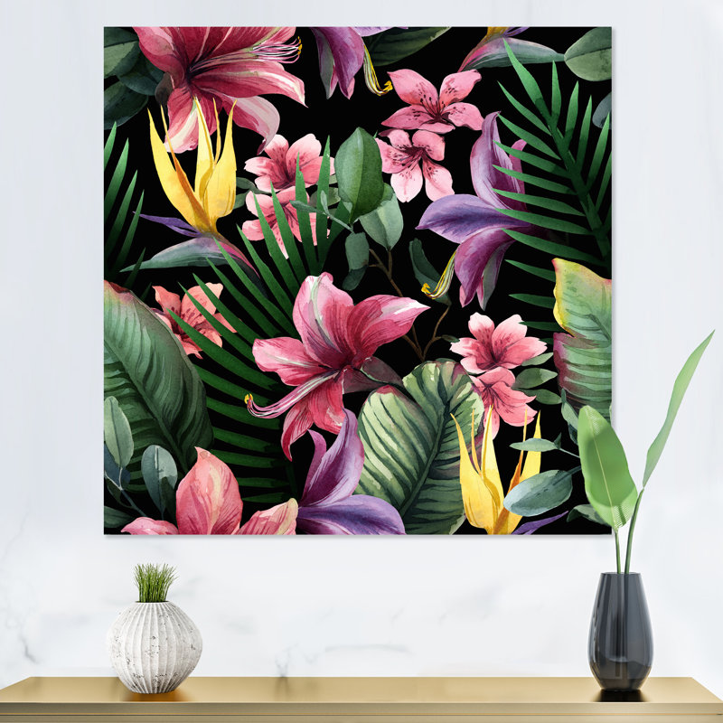 Fleurs tropicales rouges sur fond noir II - reproduction d'art sur toile traditionnelle, H 36 po x l 36 po x P 1 po