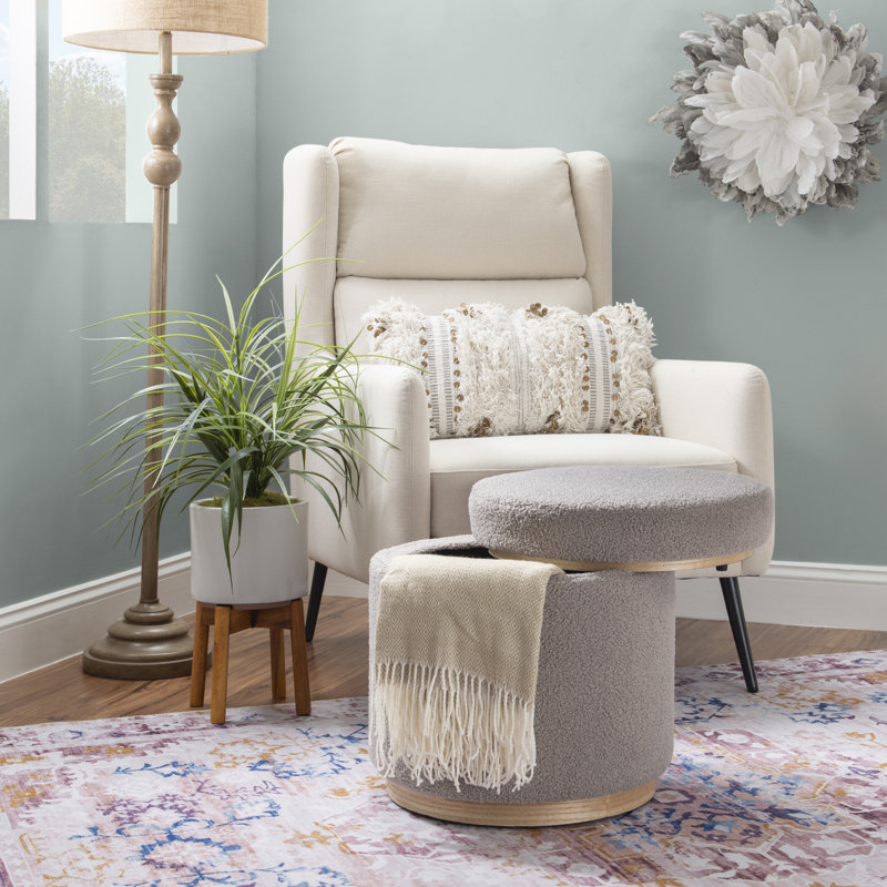 Thurleigh Round Sherpa Ottoman with Storage, Gray Sherpa Fabric