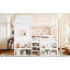 Lit mezzanine pleine grandeur avec tablettes et escaliers de rangement, lit mezzanine maison avec toit en forme de maisonnette et fenêtre, conception enfantine et sans sommier, blanc