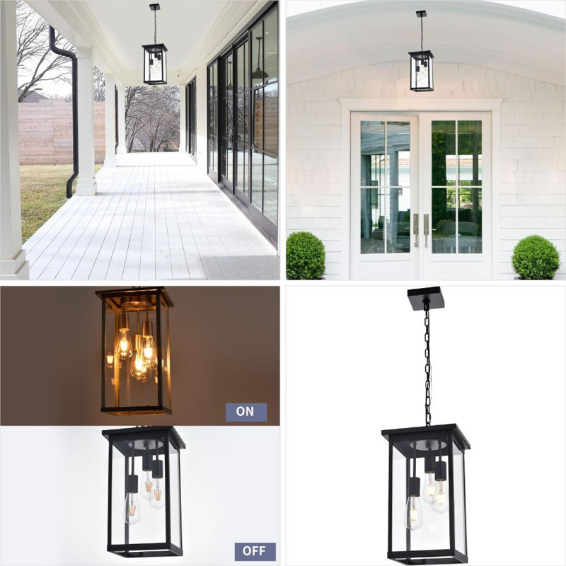 3-Light Outdoor Pendant Light Fixture With Clear Glass Shade, Adjustable Hanging Chain For Porch Patio Entryway, E26 Base Damp Rated