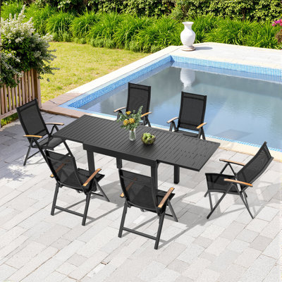 6 - Person Aluminum Patio Dining Set with Extendable Table and Folded Reclining Armchairs