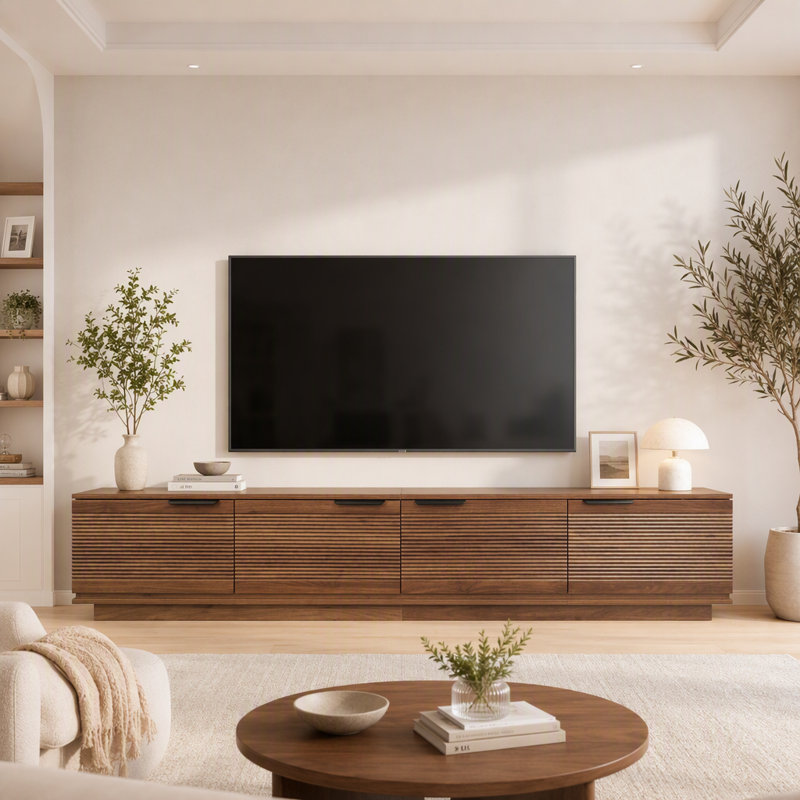 Meuble télé pour téléviseur de 85 po ou moins avec porte cannelée et gestion des câbles