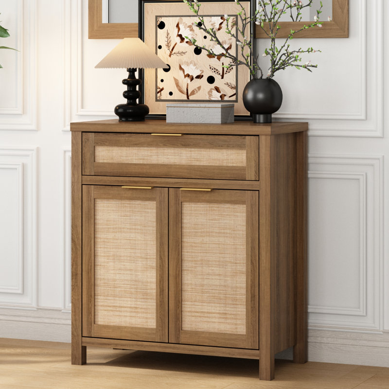 Ciauna 34'' Rattan Sideboard Accent Cabinet with 1 Storage Drawer Adjustable Shelf, Medium Wood