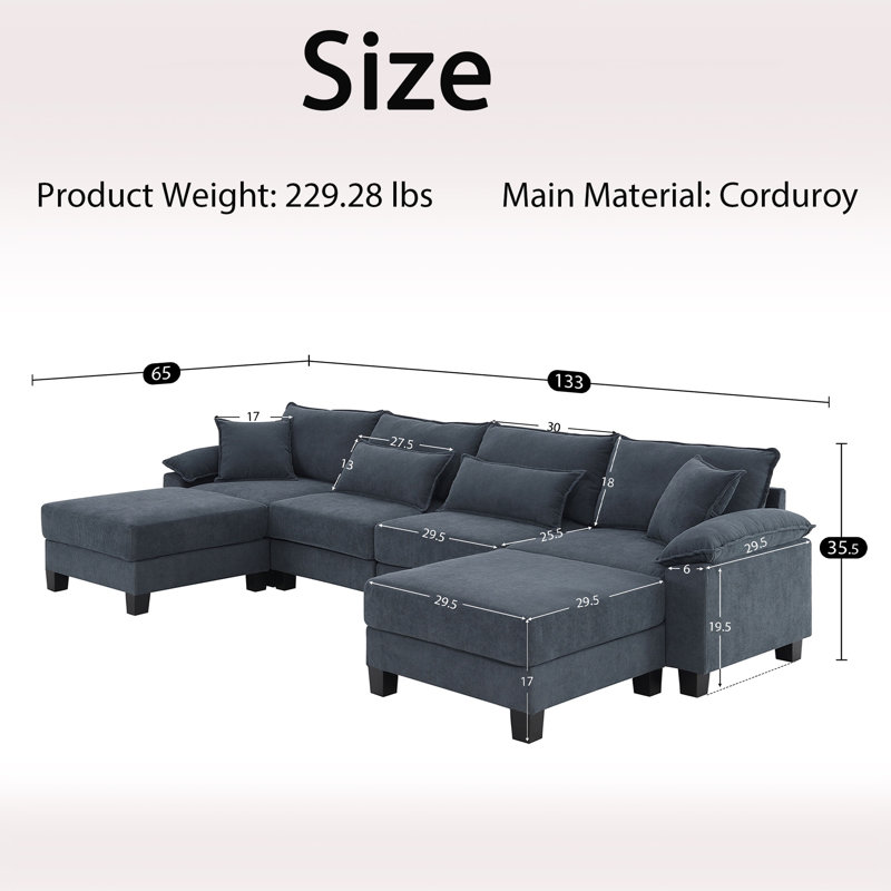 Canapé modulaire 133 * 65 "Corduroy, Gris
