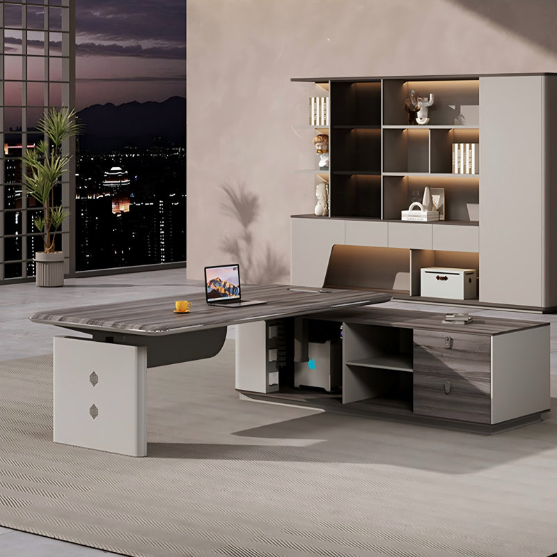 78.74"Modern Luxury L-Shaped Brown Office Desk, 29.53" H x 102.36" W x 34.65" D