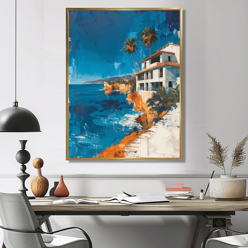 Bleu blanc, bord de mer, hôtel évasion - hôtels et loges, art mural, Cadre flottant doré, H 16 po x l 32 po