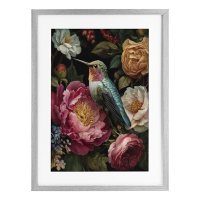 Hummingbird & Lush Blooms Framed Print Under Glass, design by The Wands Want