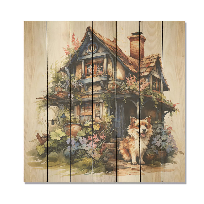 Corgi Doghouse Blooms - Chien sur bois, H 30 po x l 30 po