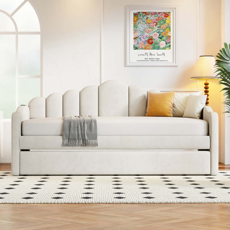 Twin Size Upholstered Daybed With Trundle, Sofabed With USB Charging Ports, Guest Bed, Beige