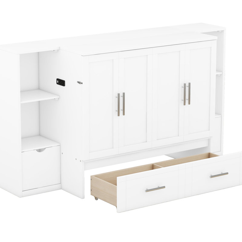 Lit avec tablettes, tiroirs et espaces de tiroir, Blanc, Grand lit