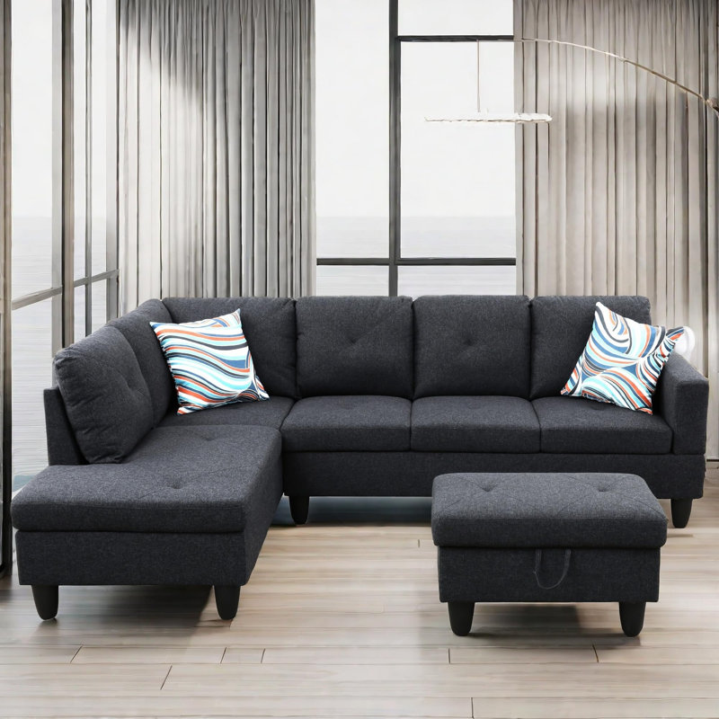 3-Piece Linen Modular Sectional Sofa, Gray/Black Linen, Left Hand Facing