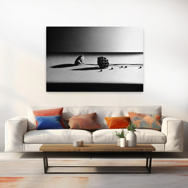 Art mural contemporain noir et blanc de cosses de graines sur table sur fond blanc, H 40 po x l 60 po