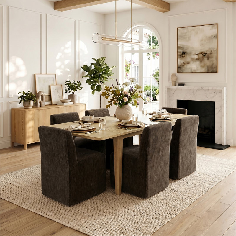 Ensemble de salle à manger extensible 7 pièces avec 6 chaises roulantes en chenille, Brown