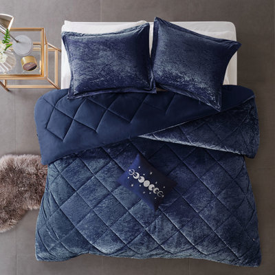  Édredon en velours bleu marine - rembourrage, motif à losanges, avec coussin décoratif, housse, taies décoratives et