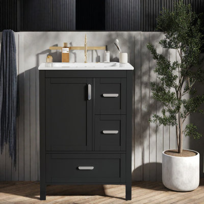 Meuble-lavabo compact compact avec lavabo, structure en bois, noir élégant