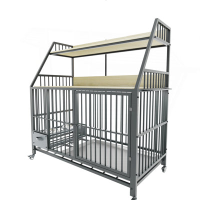 Grande cage pour animaux de compagnie avec support de rangement, tiroirs avec bacs à nourriture et à eau en acier inoxydable, support de rangement à double couche en fer et matériau en bois aggloméré, robuste, exquis et pratique (noir + beige)