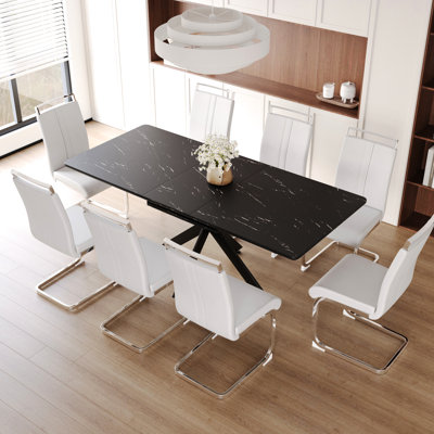 6 - 8 Person Dining , 62.4" Expandable Table, & Metal, Comfortable Chairs, Sleek Design For Home Room Table 8, Extendable Black Metal Legs, Cushioned