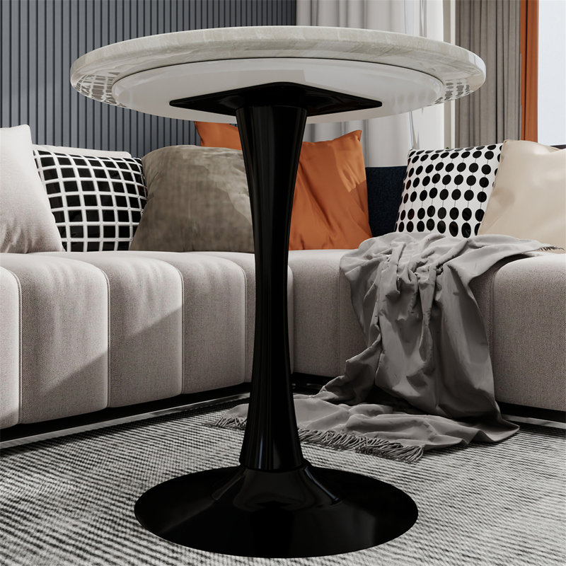 Marble-Top Round Side Table With Tapered Pedestal Base (Table Only), White/Gray, Black