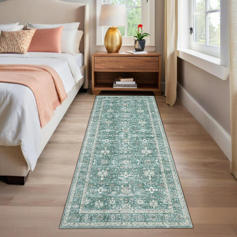 Washable Non-Slip Vintage Oriental Area Rug for Living Room, Bedroom, Dining Room, Nursery, or Office – Thin Neutral Green Carpet