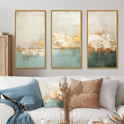 Minimalism Gold And Teal Horizon I - Abstract Wall Art Living Room Set