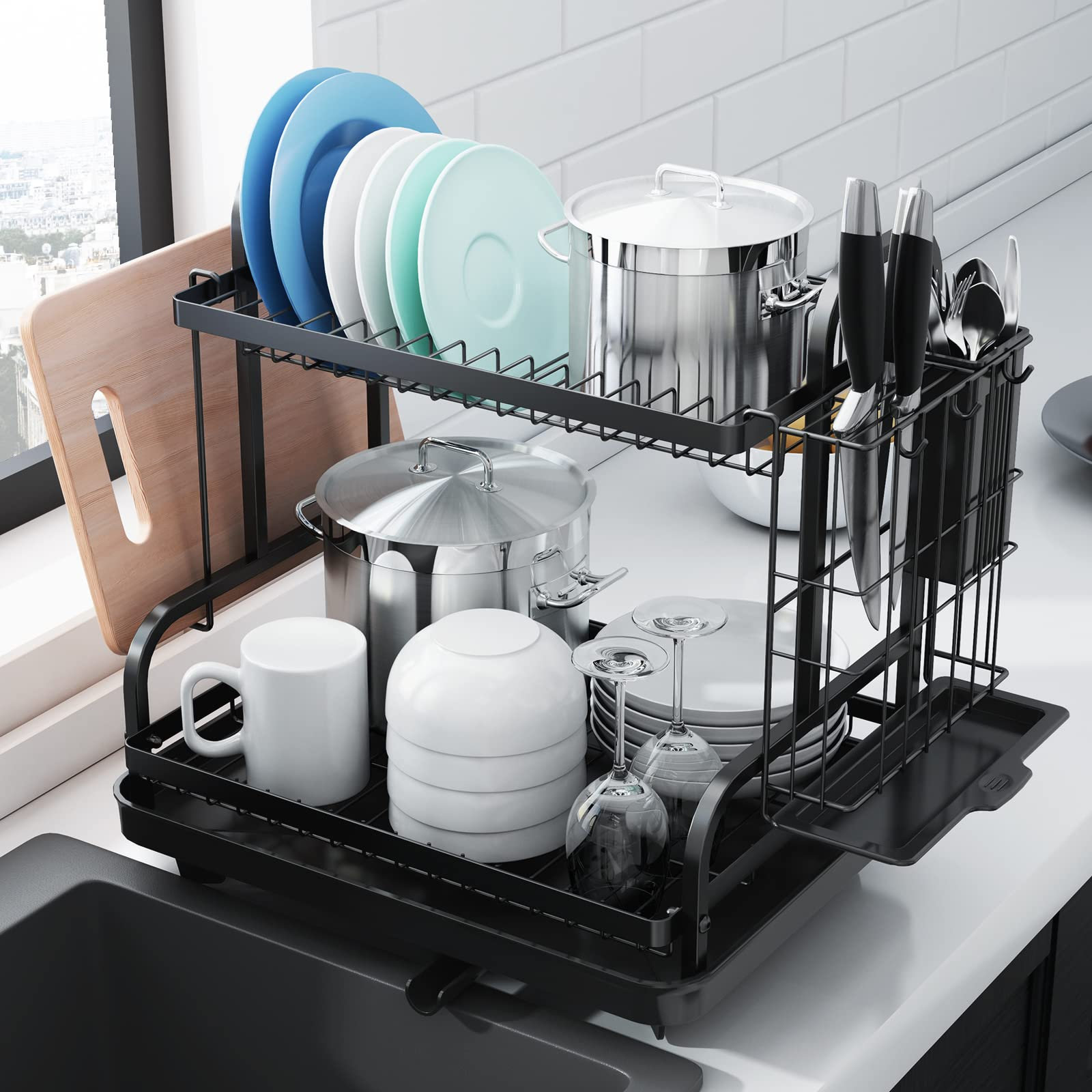 TGBY Large Dish Drying Stainless Steel 2 Tier Dish Rack