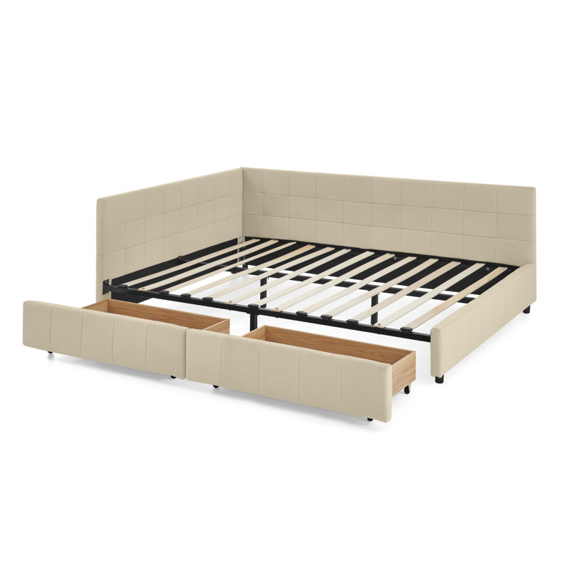 Queen Size Storage Upholstered Tufted Bed Frame, Sofa Bed Frame With Comfortable Backrest And Armrests, Queen Size Bed For Bedroom, Living Room,Velvet, BEIGE(85.5''*64.5''*29.5'')
