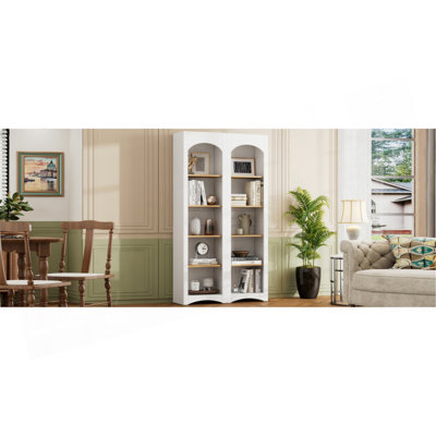 Free Standing 5 Tier Bookshelves, Bookcases Set Of 2, Farmhouse Two-Tone Storage Cabinet With Adjustable Shelves, Modern 72"H Kitchen Pantry Cabinet For Living Room, Home Office