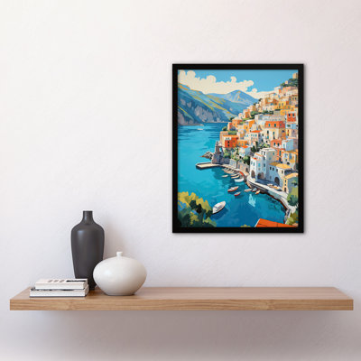 Amalfi Coast Artwork Blue Orange Green Italy Landscape - Single Picture Frame Print