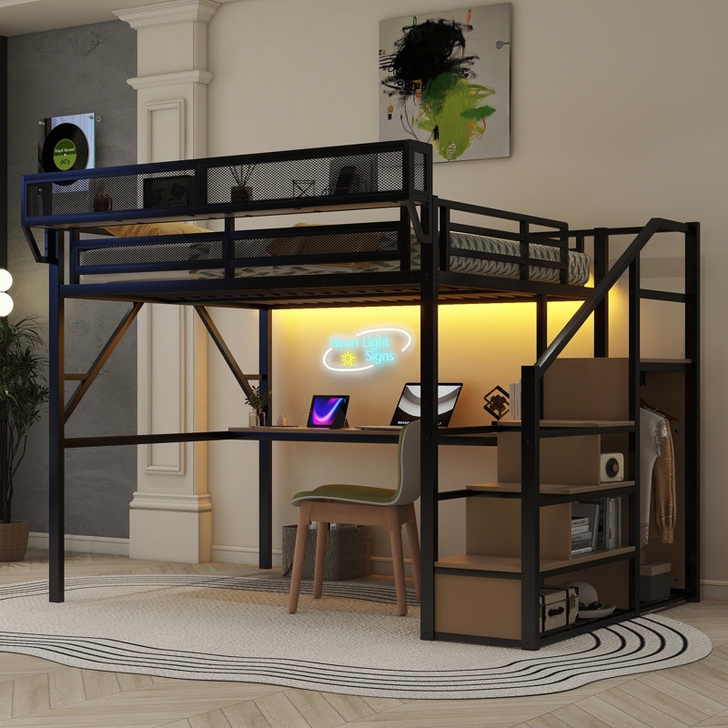 Lit mezzanine avec bureau et station de charge, Noir, Grand lit