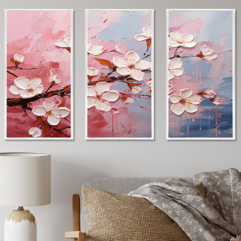 Cerisier blanc et rose Bloom III - art mural cerise, H 28 po x l 36 po x P 1 po, Cadre flottant blanc