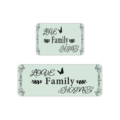 Light Green Love Family Home Kitchen Mats, Set of 2 for Cozy Home Decor