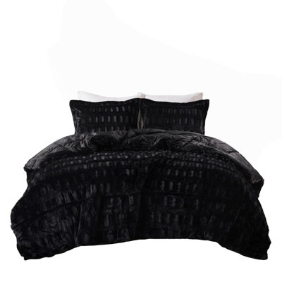3 PCS King Solid Faux Fur Comforter Mini Set Black