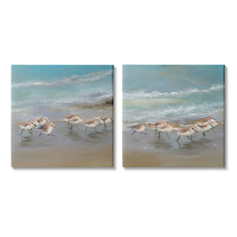 «Sandpipers Flock Summer Beach Sand» par Sally Swatland - ensemble de 2 peintures, H 24 po x l 48 po x P 1,5 po, Toile tendue
