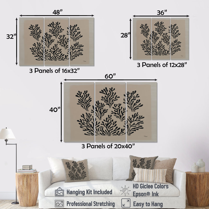 «Black and Brown Natures Coastal Essence», ensemble de reproductions d'art mural grand corail, 28" H x 36" W, Toile tendue