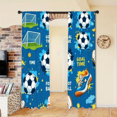 2PCS Soccer Theme Print Light Filtering Curtains with Goal Time and Football Accents, Sports Pattern, Easy Hang Rod Pocket Design, All-Season for Leisure Room Home Decoration