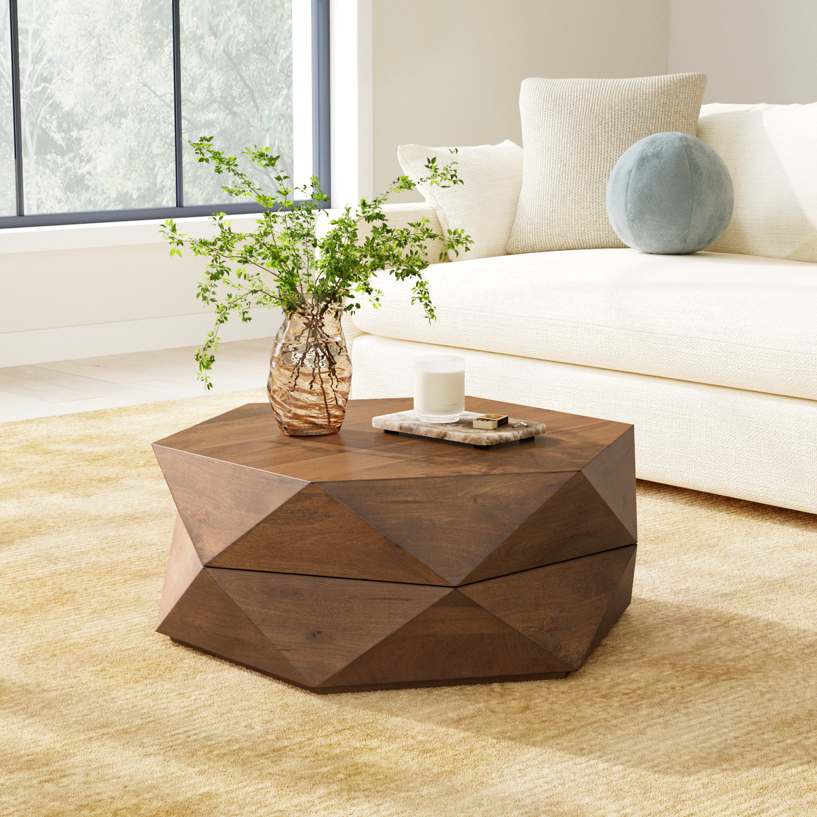 Malonne Solid Wood Single Coffee Table with Storage, Medium Brown, 15" H x 36" W x 36" L