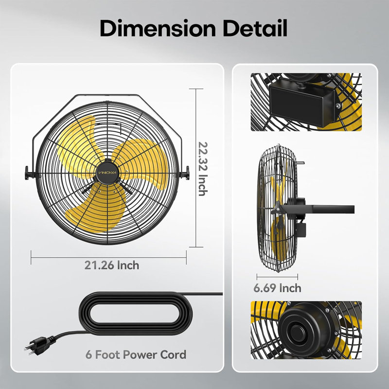 Ventilateur mural d'intérieur 18 pouces à 3 vitesses - 4650 pi³ / min pour terrasse / serre / abri de jardin / garage couvert, homologué UL.
