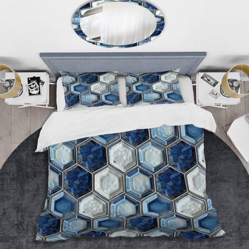 Ensemble de housse de couette moderne bleu et blanc à motif hexagonal V, Housse de couette très grand et 2 très grandes t