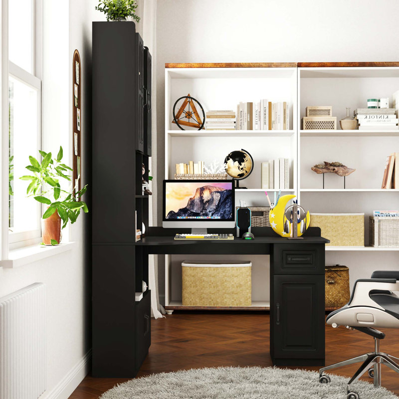 Bureau d'ordinateur d'angle en L, table d'étude de style moderne avec tiroirs, Noir, H 76,82 po x l 55,17 po x P 31,55 po