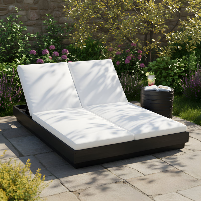Lucerne Patio 2-Piece Acacia Wood Double Chaise Lounge And MGO Side Table Set