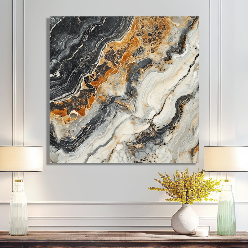 Éternelle balance de marbre dans les tons de terre I - art mural moderne en métal de marbre pour le salon, H 16 po x l 16 po