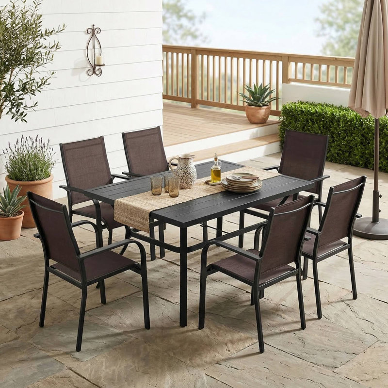 Ensemble de 6 fauteuils de salle à manger d'extérieur robustes et empilables pour la terrasse, 6, Brun