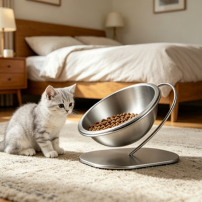 Elevated Tilted Stainless Steel Pet Bowl, Neck-Support Anti-Tip Feeder, Large Capacity Non-Slip Raised Food Water Dish for Cats & Small Dogs