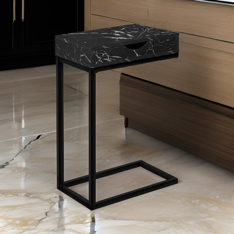 Accent Table, C-shaped, End, Side, Snack, Living Room, Bedroom, Metal, Black Marble Look