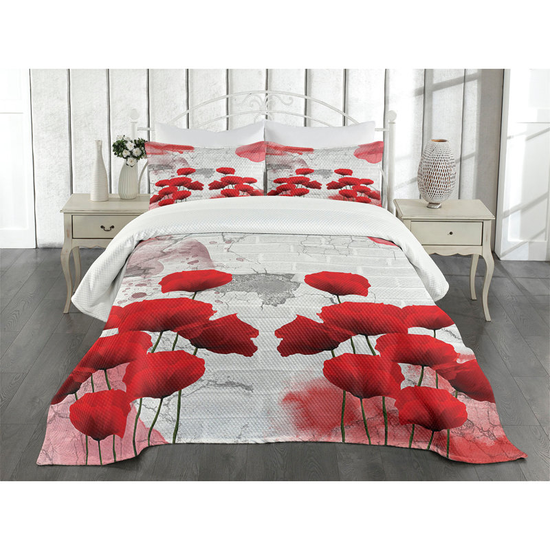 King Size Gray and Red Quilted Bedspread Set